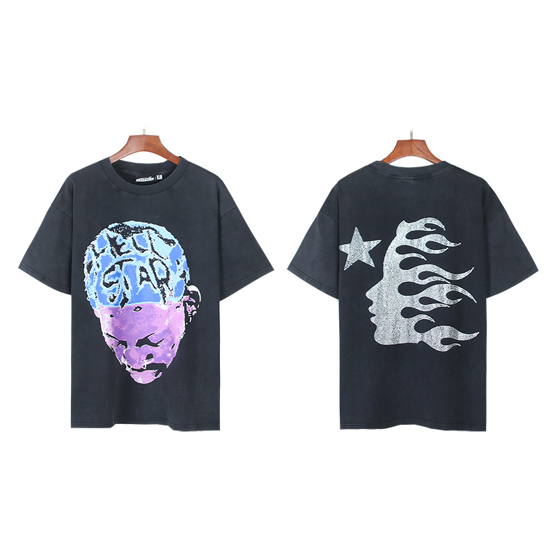 Hellstar Rhinestone Washed American Streetwear Vintage Print Short Sleeve T-Shirt
