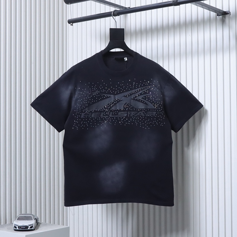 Hellstar Rhinestone Washed Letter Short Sleeve T-Shirt Style 1