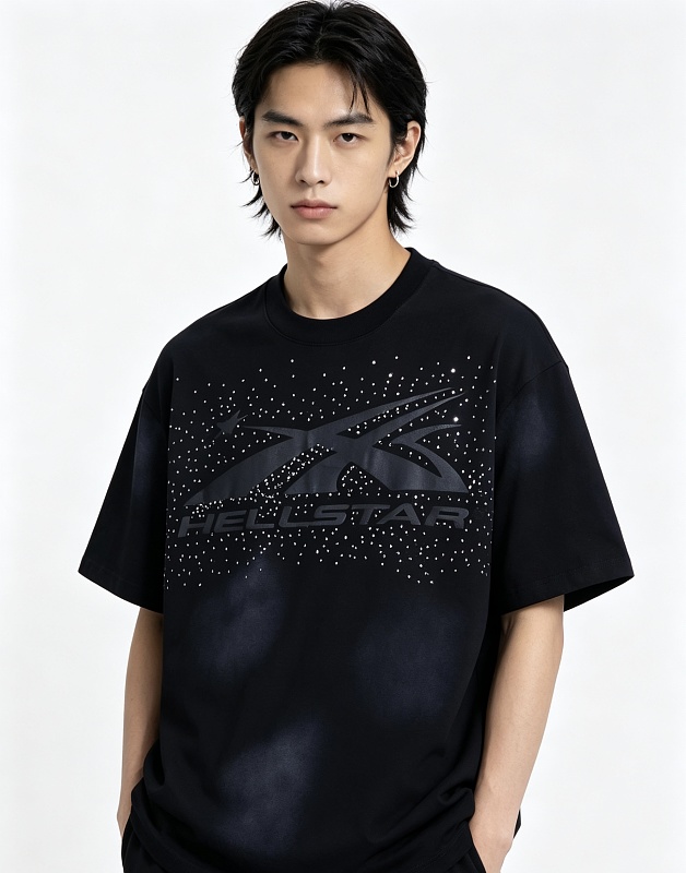 Hellstar Rhinestone Washed Letter Short Sleeve T-Shirt Style 1