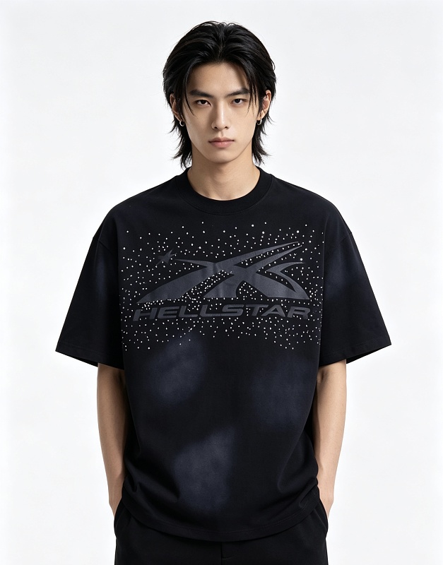 Hellstar Rhinestone Washed Letter Short Sleeve T-Shirt Style 1