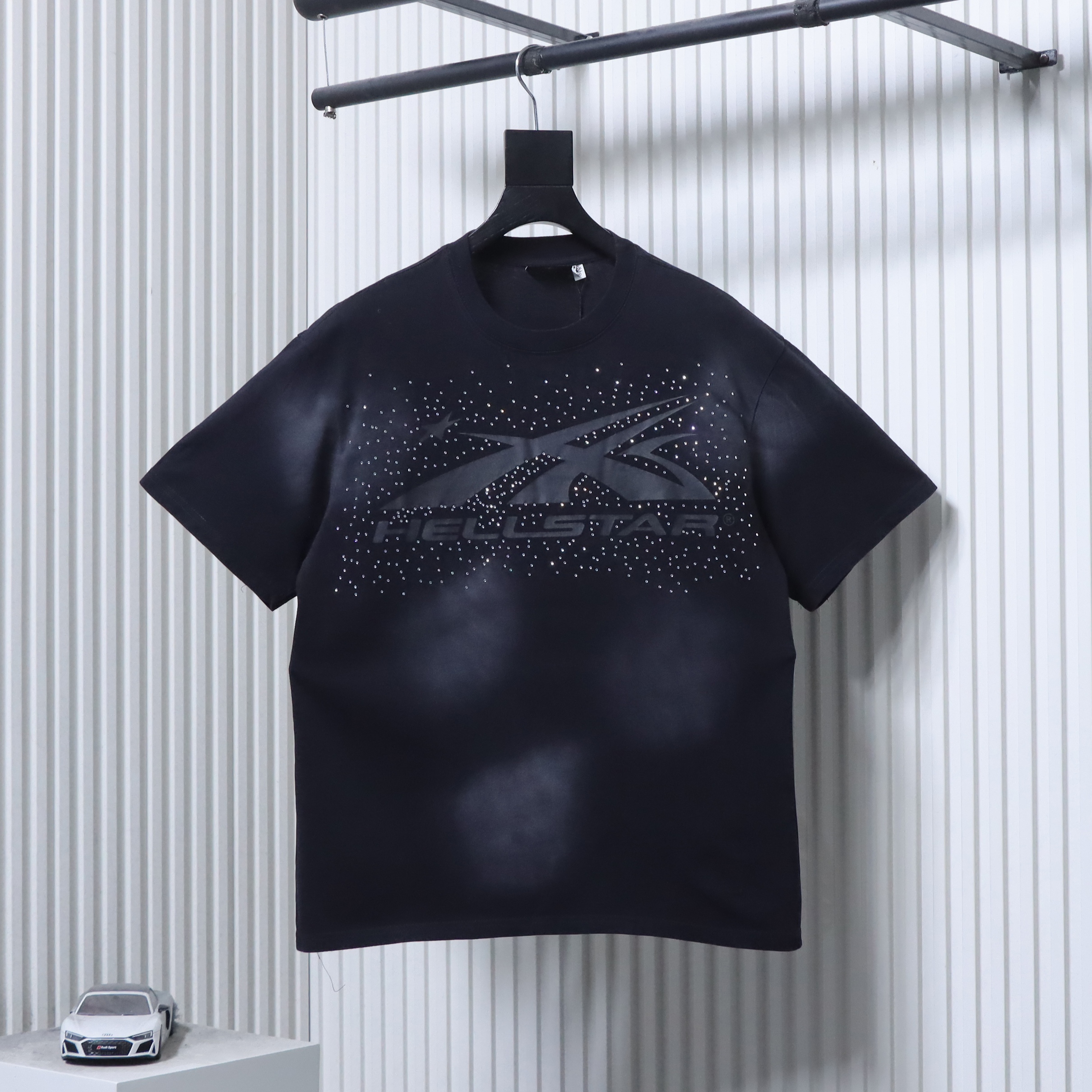Hellstar Rhinestone Washed Letter Short Sleeve T-Shirt Style 1