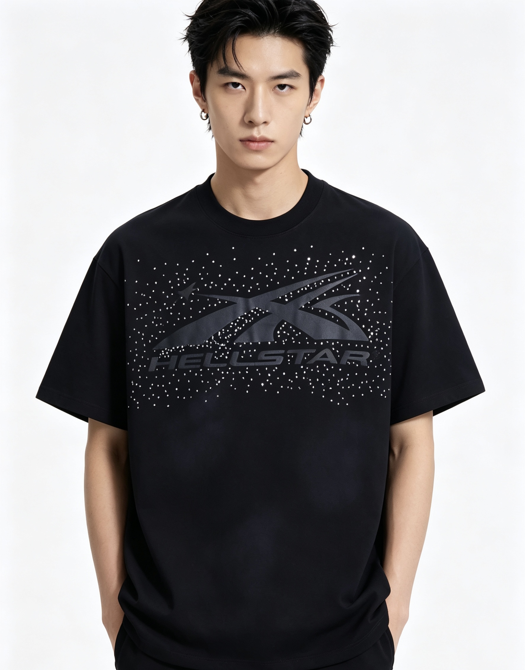Hellstar Rhinestone Washed Letter Short Sleeve T-Shirt Style 1