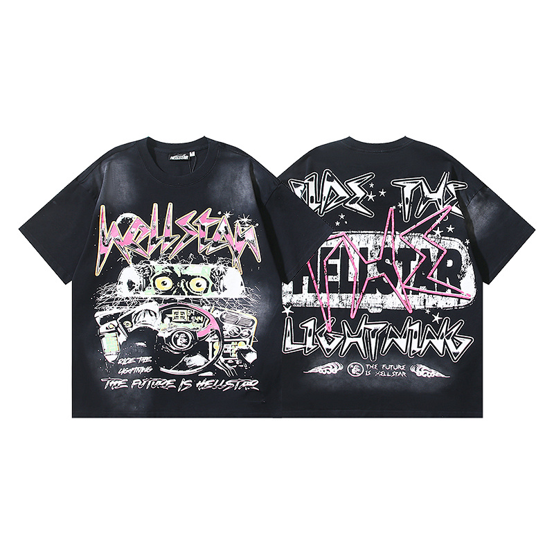 Hellstar Washed American Streetwear Vintage Print Short Sleeve T-Shirt Style 15