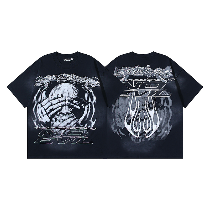 Hellstar Washed American Streetwear Vintage Print Short Sleeve T-Shirt Style 54