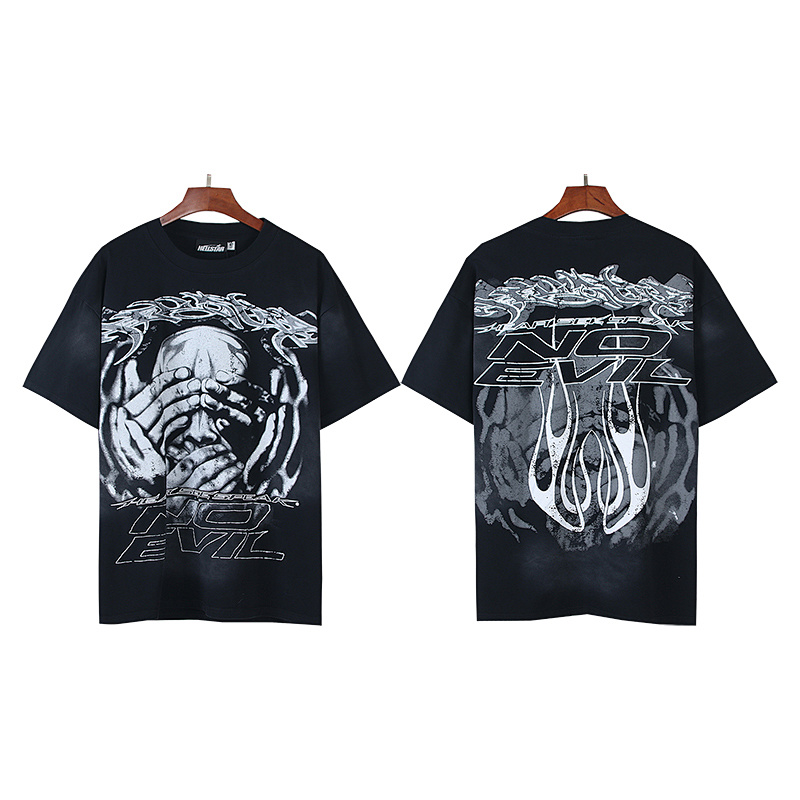 Hellstar Washed American Streetwear Vintage Print Short Sleeve T-Shirt Style 54