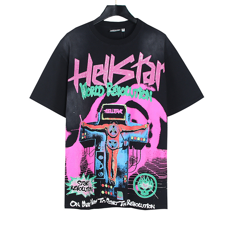 Hellstar Washed American Streetwear Vintage Print Short Sleeve T-Shirt Style 9