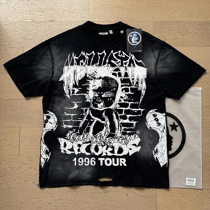 Hellstar Washed Black Distressed Short Sleeve T-Shirt Style 6