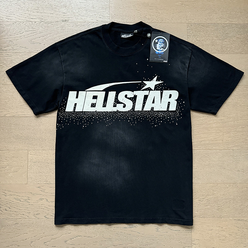 Hellstar Washed Black Rhinestone Short Sleeve T-Shirt Style 2