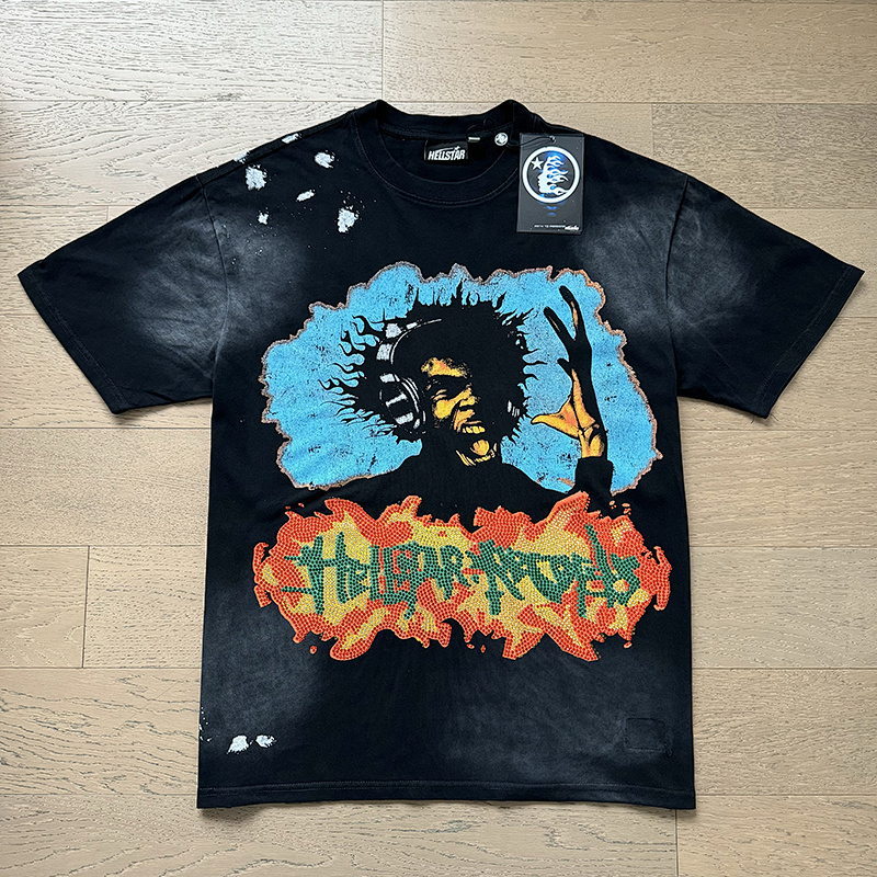 Hellstar Washed Black Rhinestone Short Sleeve T-Shirt Style 7