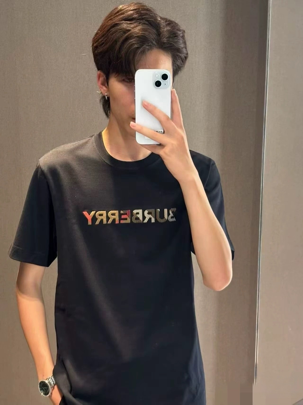 BURBERRY Check Embroidery Letter Short Sleeve T-Shirt Style 1