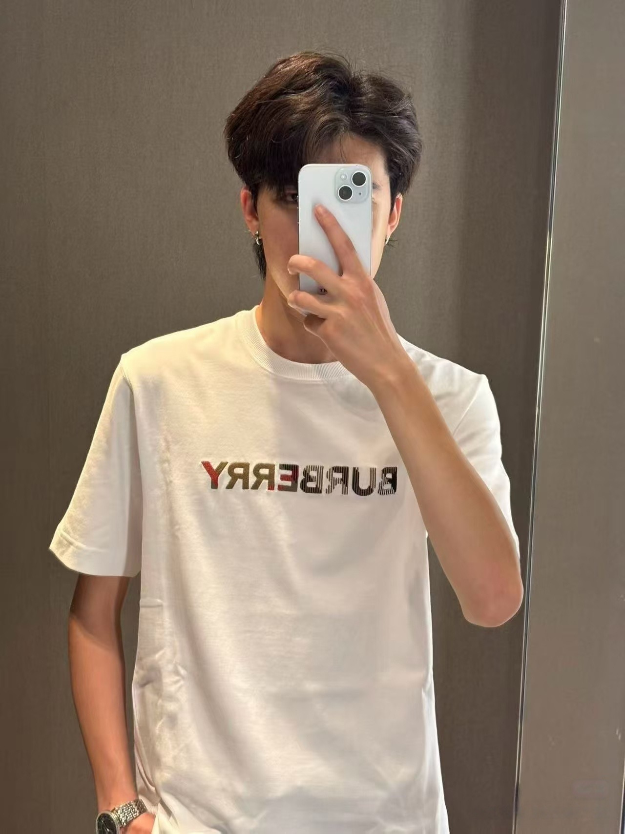 BURBERRY Check Embroidery Letter Short Sleeve T-Shirt Style 2