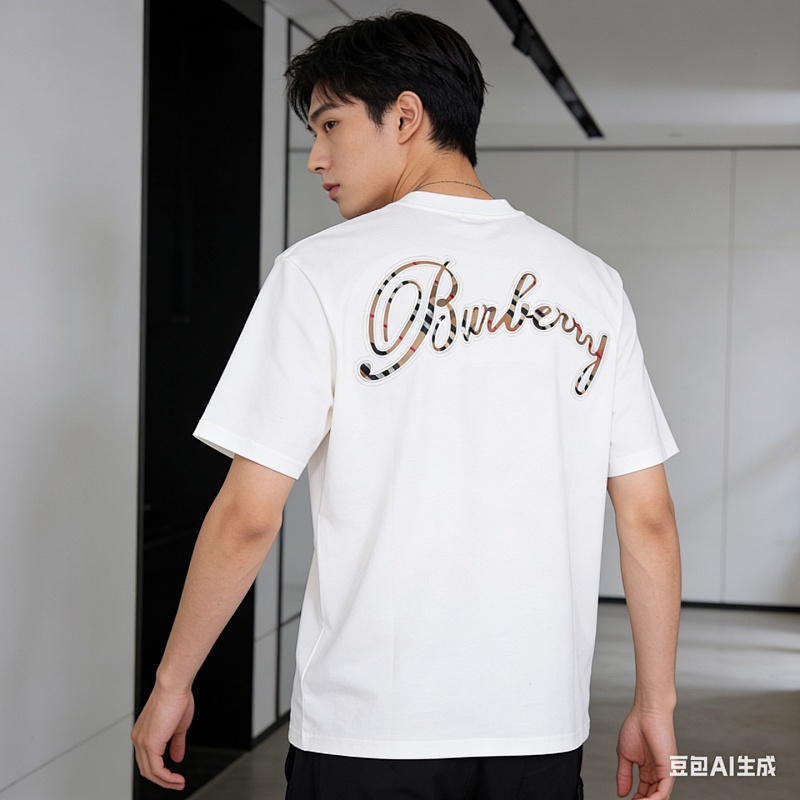 BURBERRY Check Embroidery Letter Short Sleeve T-Shirt Style 4