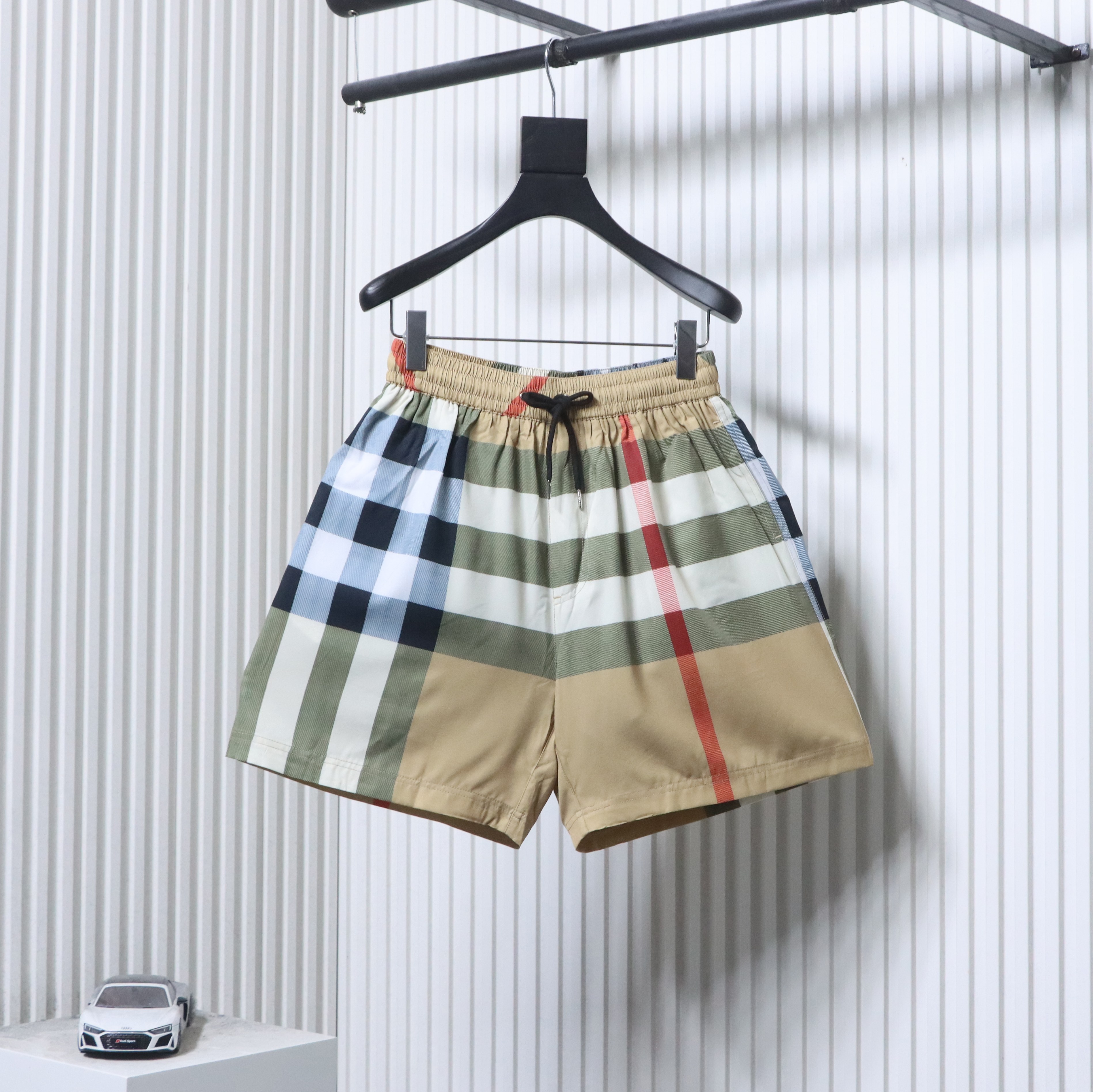 BURBERRY Large Check Drawstring Beach Shorts
