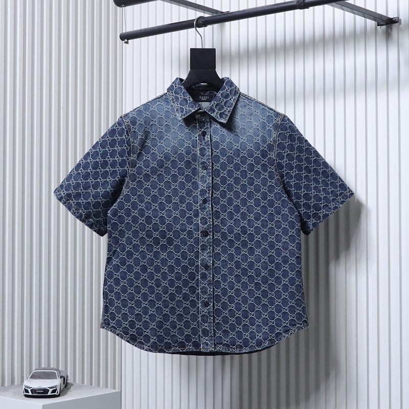 GUCCI Allover GG Monogram Denim Short Sleeve Shirt