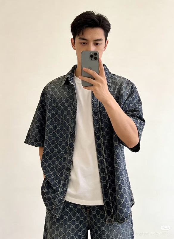 GUCCI Allover GG Monogram Denim Short Sleeve Shirt