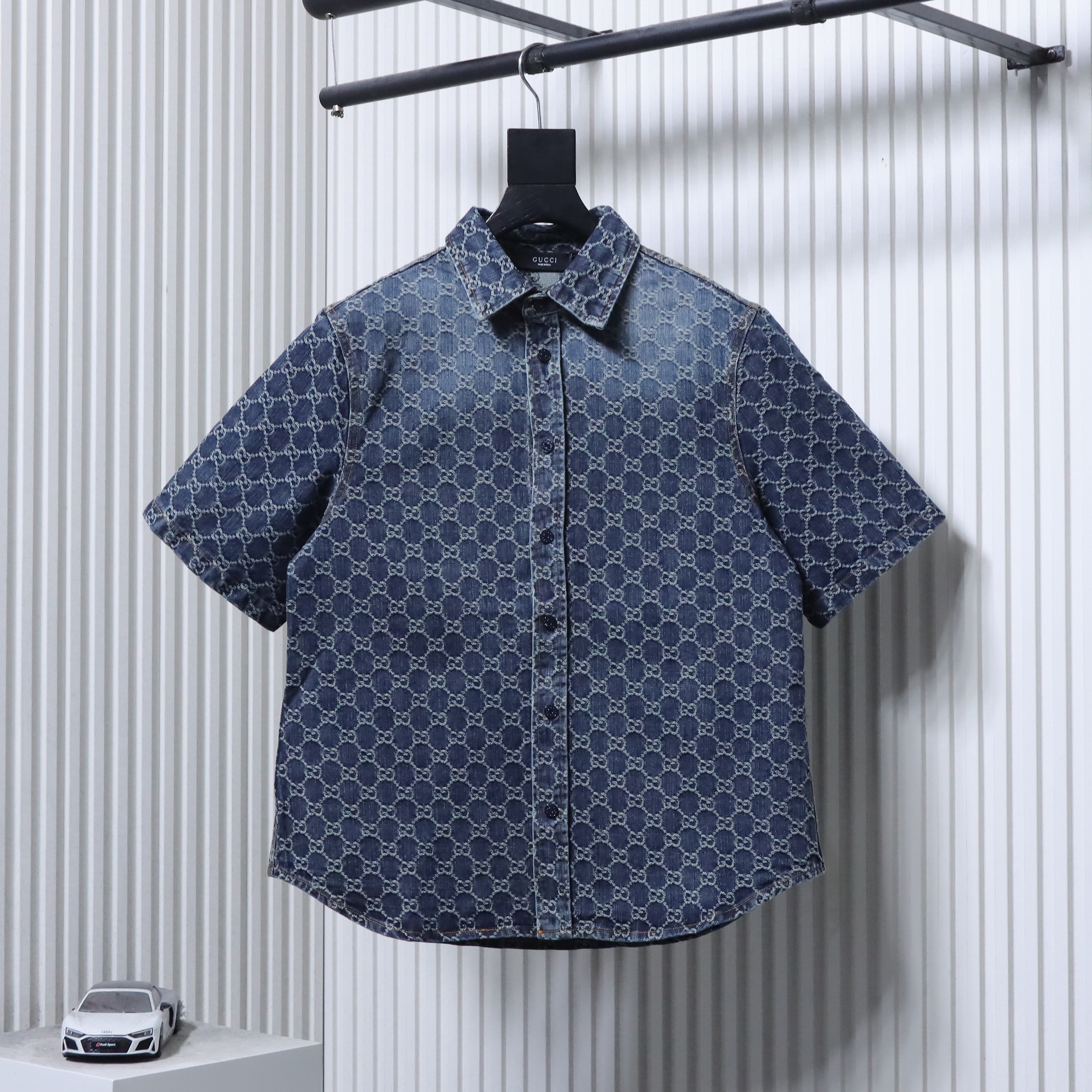 GUCCI Allover GG Monogram Denim Short Sleeve Shirt