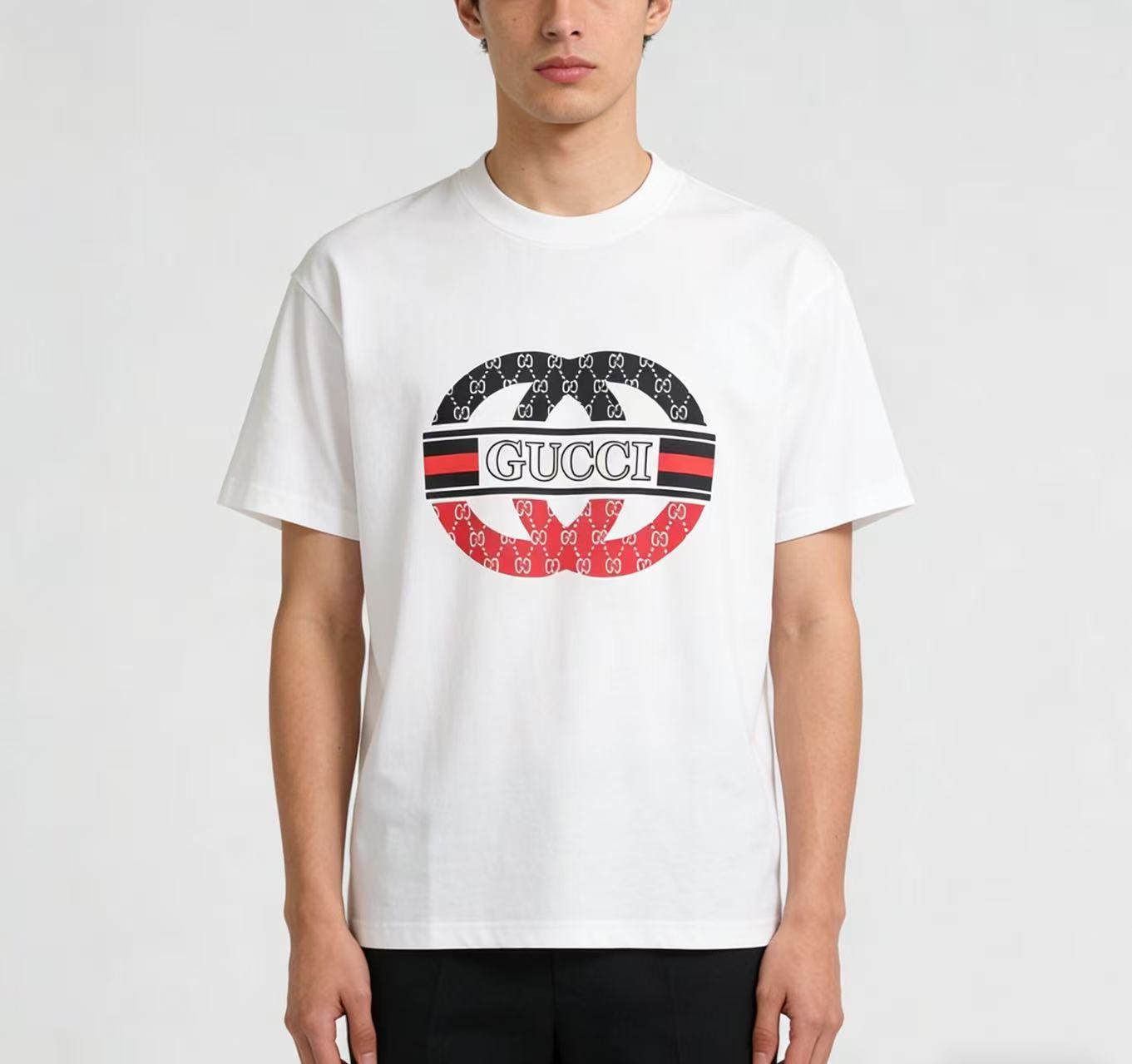 GUCCI Double G Contrast Big Logo Crew Neck Short Sleeve T-Shirt Style 1