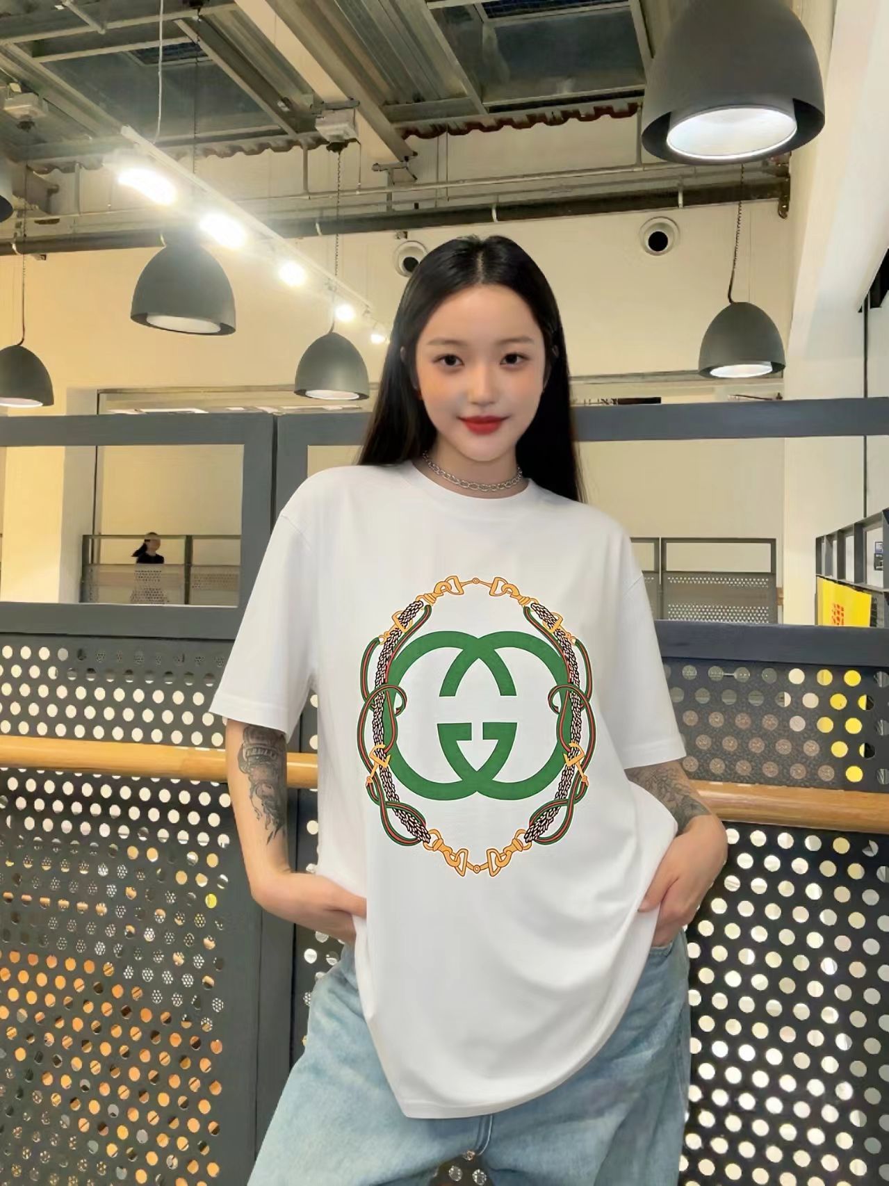 GUCCI Double G Interlocking Print Short Sleeve T-Shirt