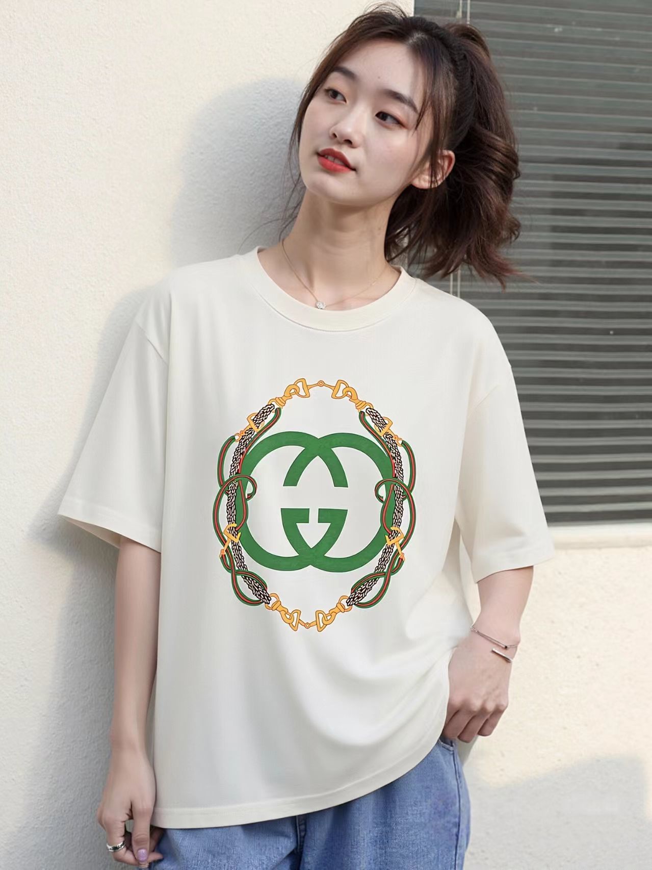 GUCCI Double G Interlocking Print Short Sleeve T-Shirt