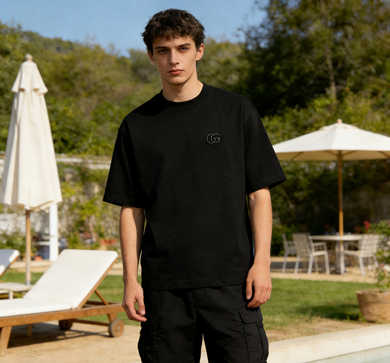GUCCI Double G Small Logo Embroidery Short Sleeve T-Shirt Style 1