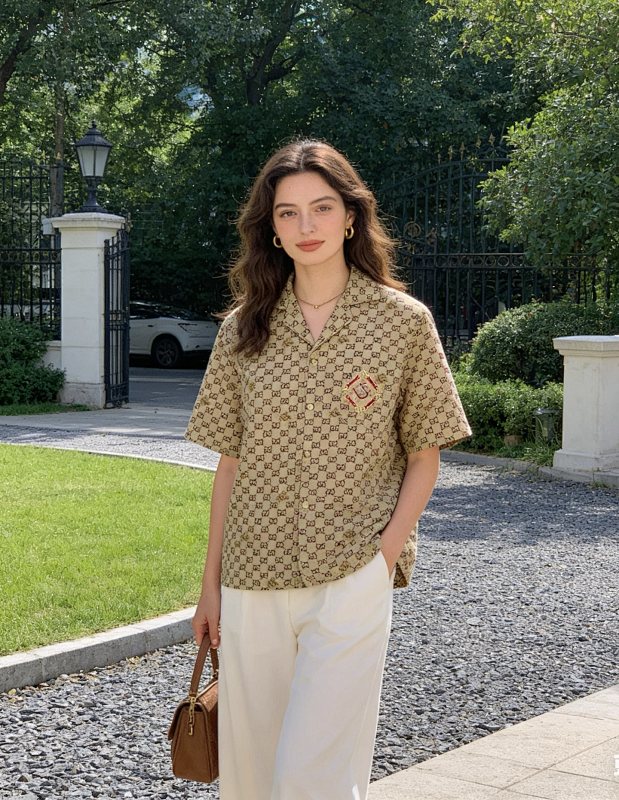 GUCCI Embroidery Monogram Short Sleeve Shirt