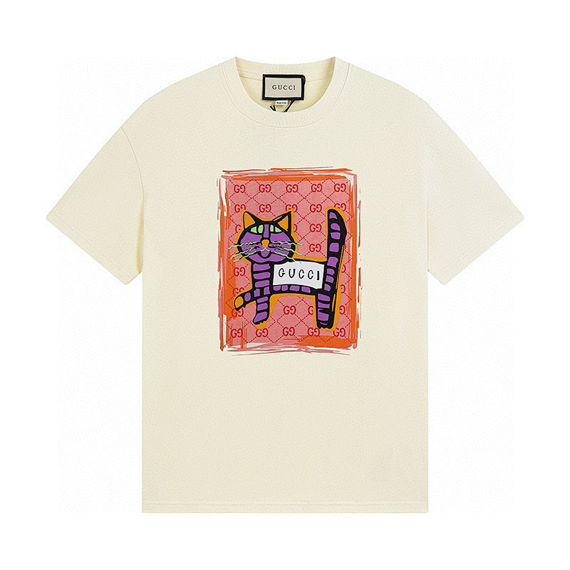 GUCCI Graffiti Cat Graffiti Vintage Short Sleeve T-Shirt