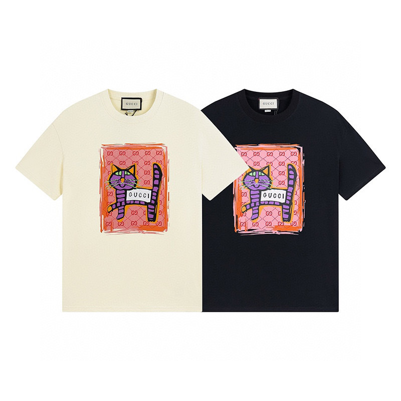 GUCCI Graffiti Cat Graffiti Vintage Short Sleeve T-Shirt