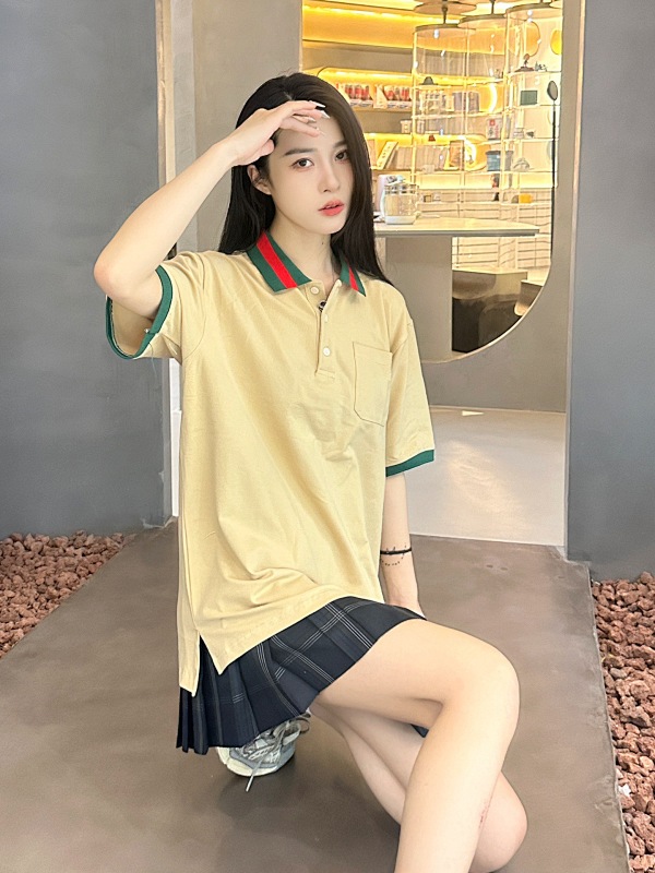 GUCCI Red Green Webbing Double G Tonal Pattern Webbing Embroidery Short Sleeve Polo Shirt Style 1
