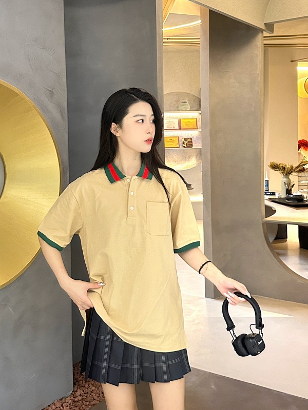 GUCCI Red Green Webbing Double G Tonal Pattern Webbing Embroidery Short Sleeve Polo Shirt Style 1