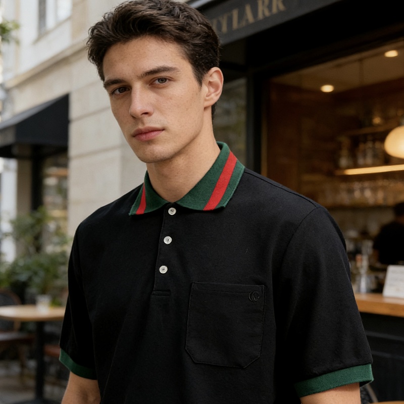 GUCCI Red Green Webbing Double G Tonal Pattern Webbing Embroidery Short Sleeve Polo Shirt Style 3