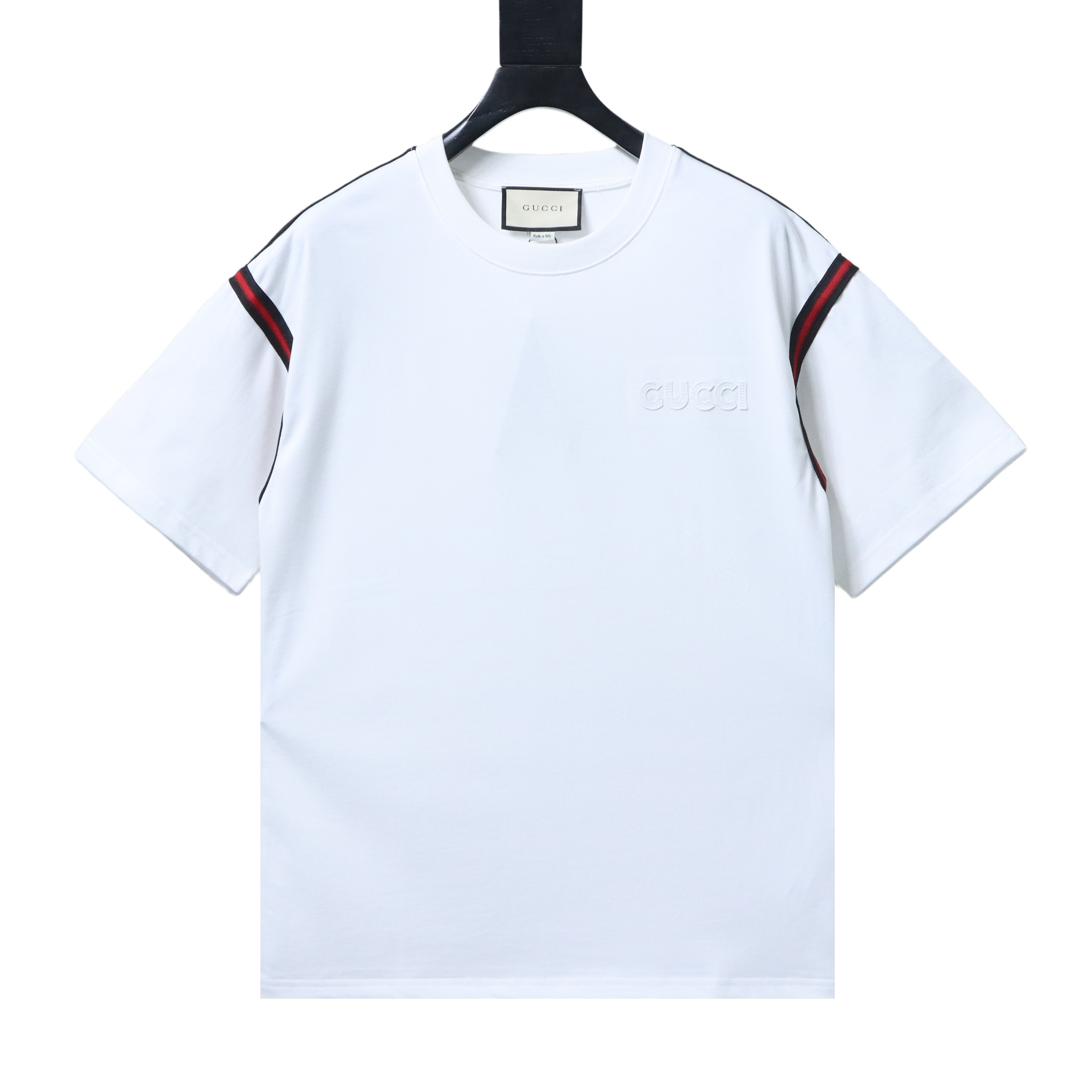 GUCCI Red Green Webbing Small Logo Webbing Embroidery Short Sleeve T-Shirt Style 2