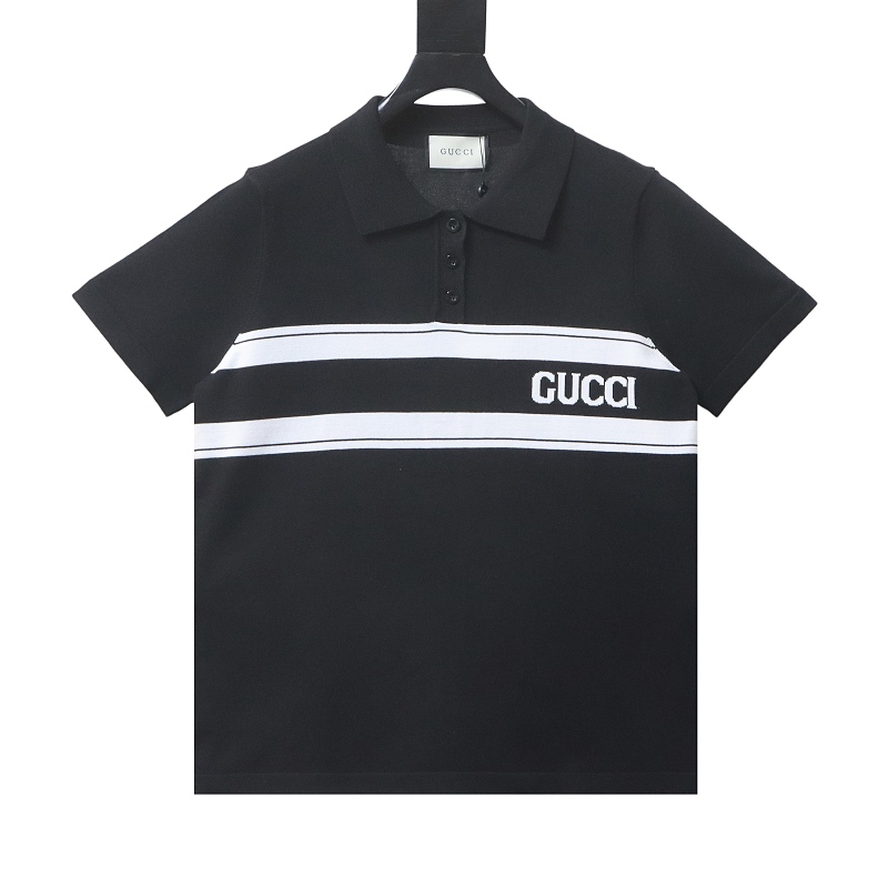 GUCCI Striped Letter Jacquard Knit Jacquard Short Sleeve Polo Shirt