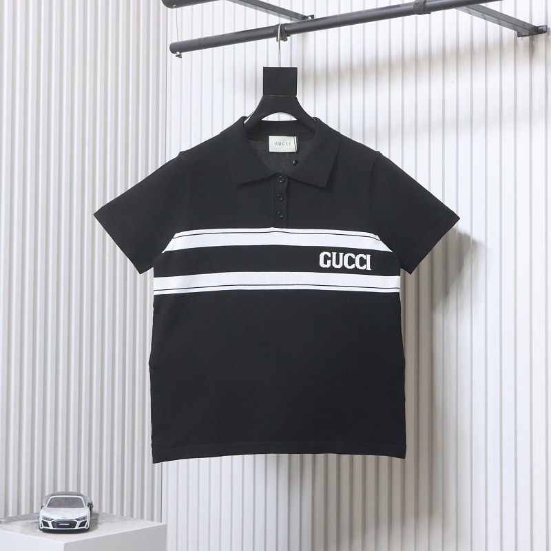 GUCCI Striped Letter Jacquard Knit Jacquard Short Sleeve Polo Shirt
