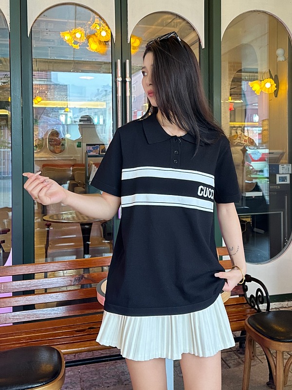 GUCCI Striped Letter Jacquard Knit Jacquard Short Sleeve Polo Shirt