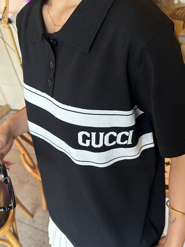 GUCCI Striped Letter Jacquard Knit Jacquard Short Sleeve Polo Shirt