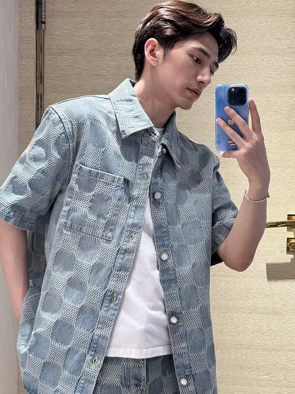LOUIS VUITTON 25SS Checkerboard Set Denim Short Sleeve Shirt Style 1