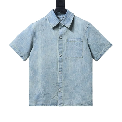 LOUIS VUITTON 25SS Letter Checkerboard Denim Short Sleeve Shirt 01