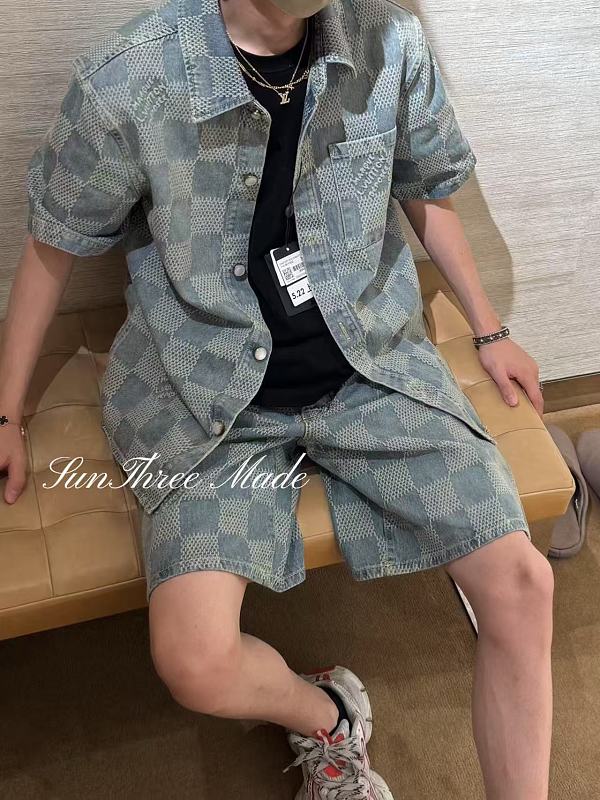 LOUIS VUITTON 25SS Letter Checkerboard Denim Short Sleeve Shirt