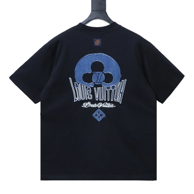 LOUIS VUITTON 26SS Denim Patch Embroidery Distressed Crew Neck Denim Black Short Sleeve T-Shirt 01