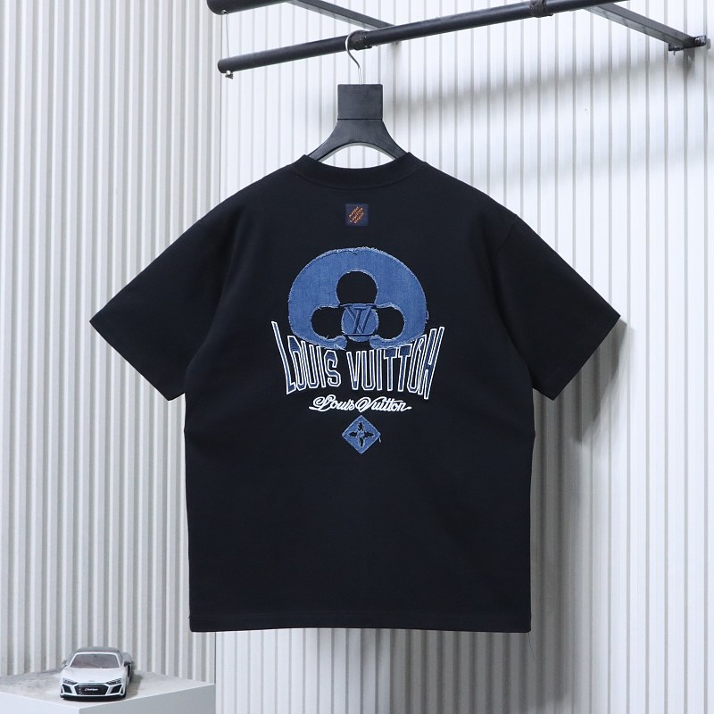 LOUIS VUITTON 26SS Denim Patch Embroidery Distressed Crew Neck Denim Black Short Sleeve T-Shirt