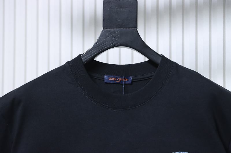 LOUIS VUITTON 26SS Denim Patch Embroidery Distressed Crew Neck Denim Black Short Sleeve T-Shirt