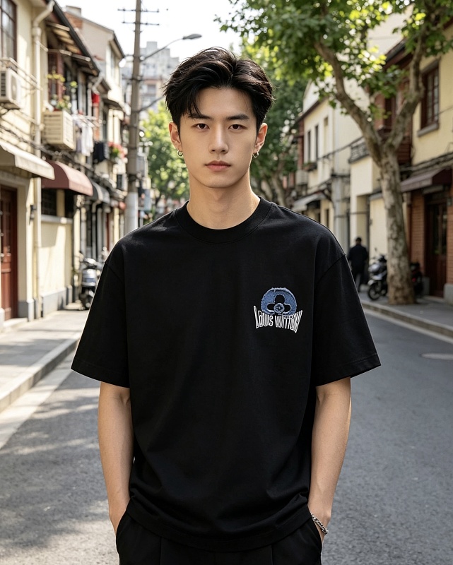 LOUIS VUITTON 26SS Denim Patch Embroidery Distressed Crew Neck Denim Black Short Sleeve T-Shirt
