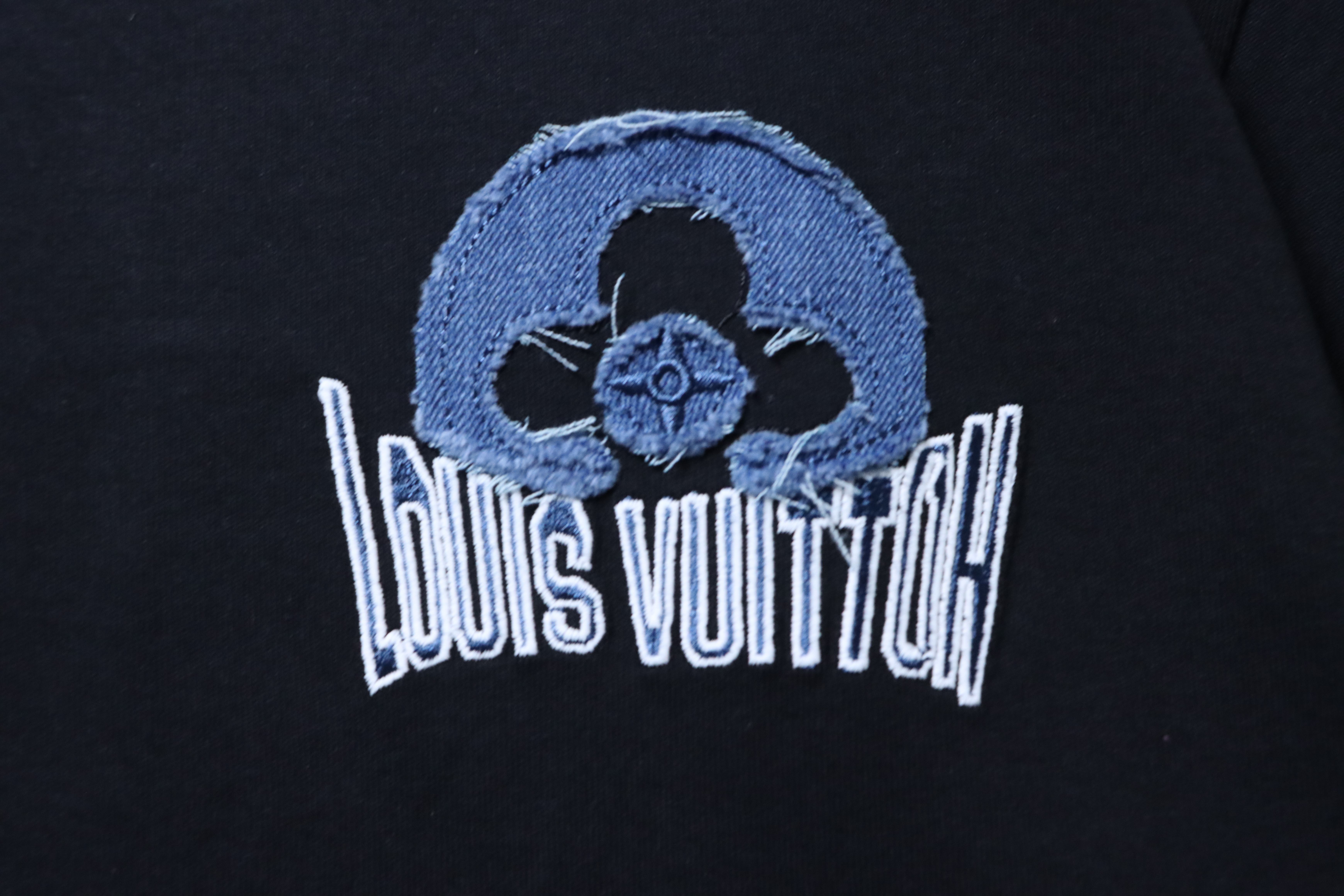 LOUIS VUITTON 26SS Denim Patch Embroidery Distressed Crew Neck Denim Black Short Sleeve T-Shirt