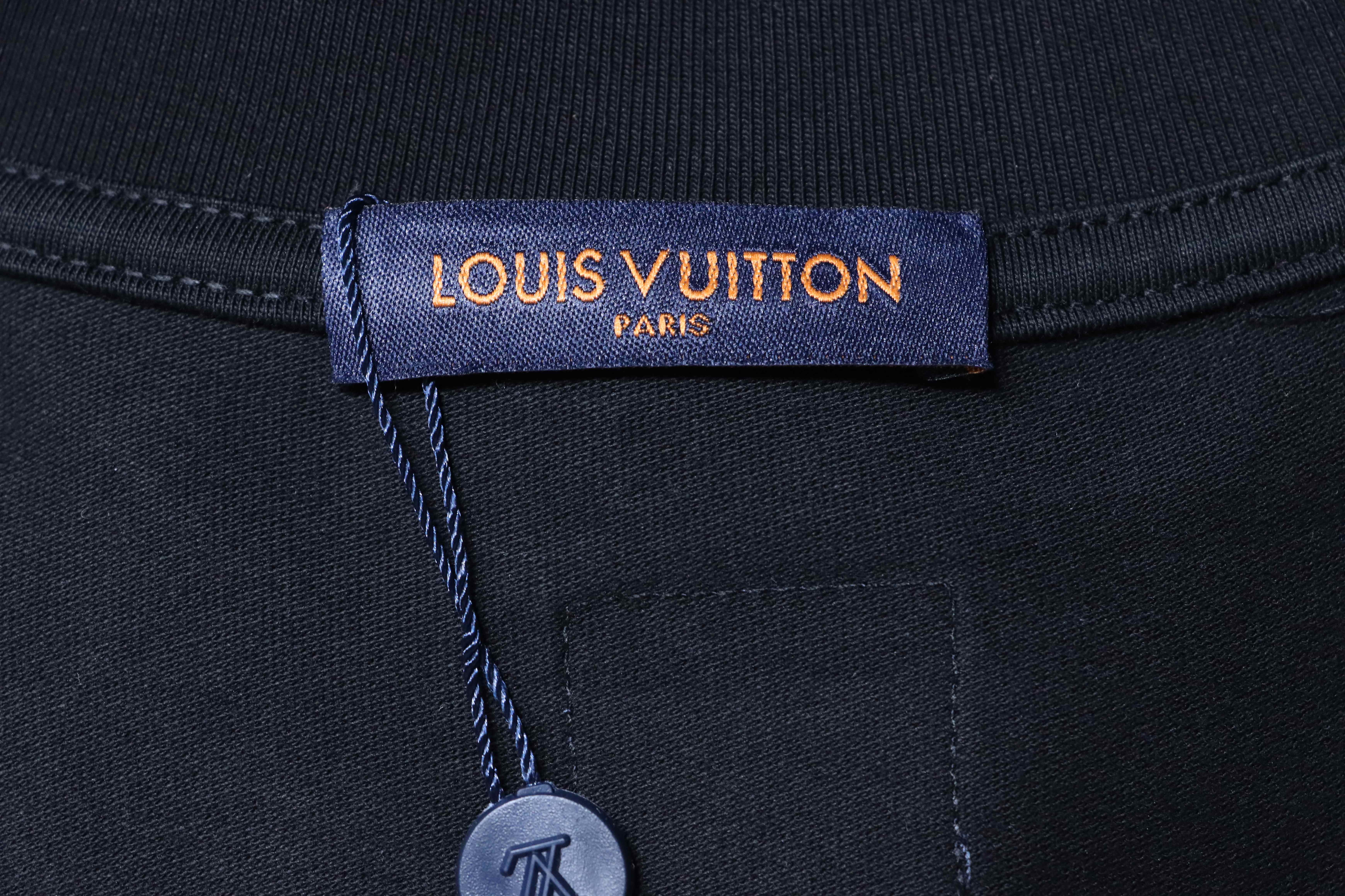 LOUIS VUITTON 26SS Denim Patch Embroidery Distressed Crew Neck Denim Black Short Sleeve T-Shirt