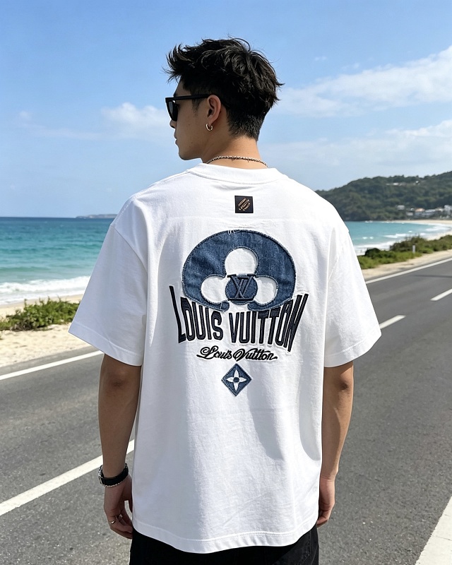 LOUIS VUITTON 26SS Denim Patch Embroidery Distressed Crew Neck Denim White Short Sleeve T-Shirt