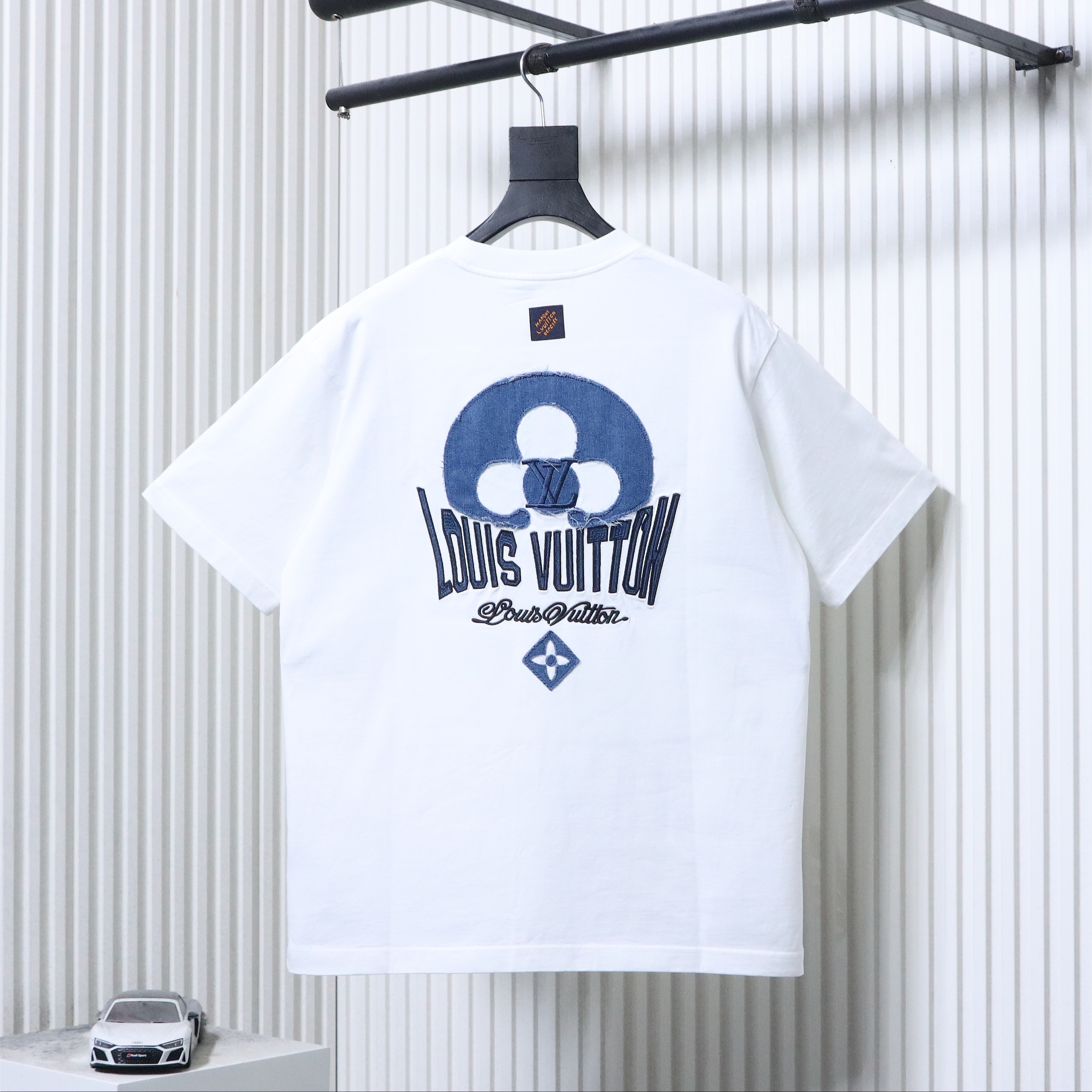 LOUIS VUITTON 26SS Denim Patch Embroidery Distressed Crew Neck Denim White Short Sleeve T-Shirt