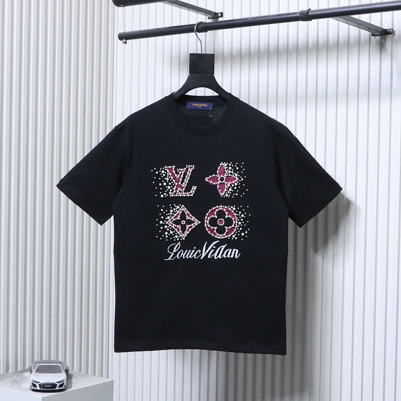 LOUIS VUITTON 26SS Embroidery Beaded Line Crew Neck Black Short Sleeve T-Shirt