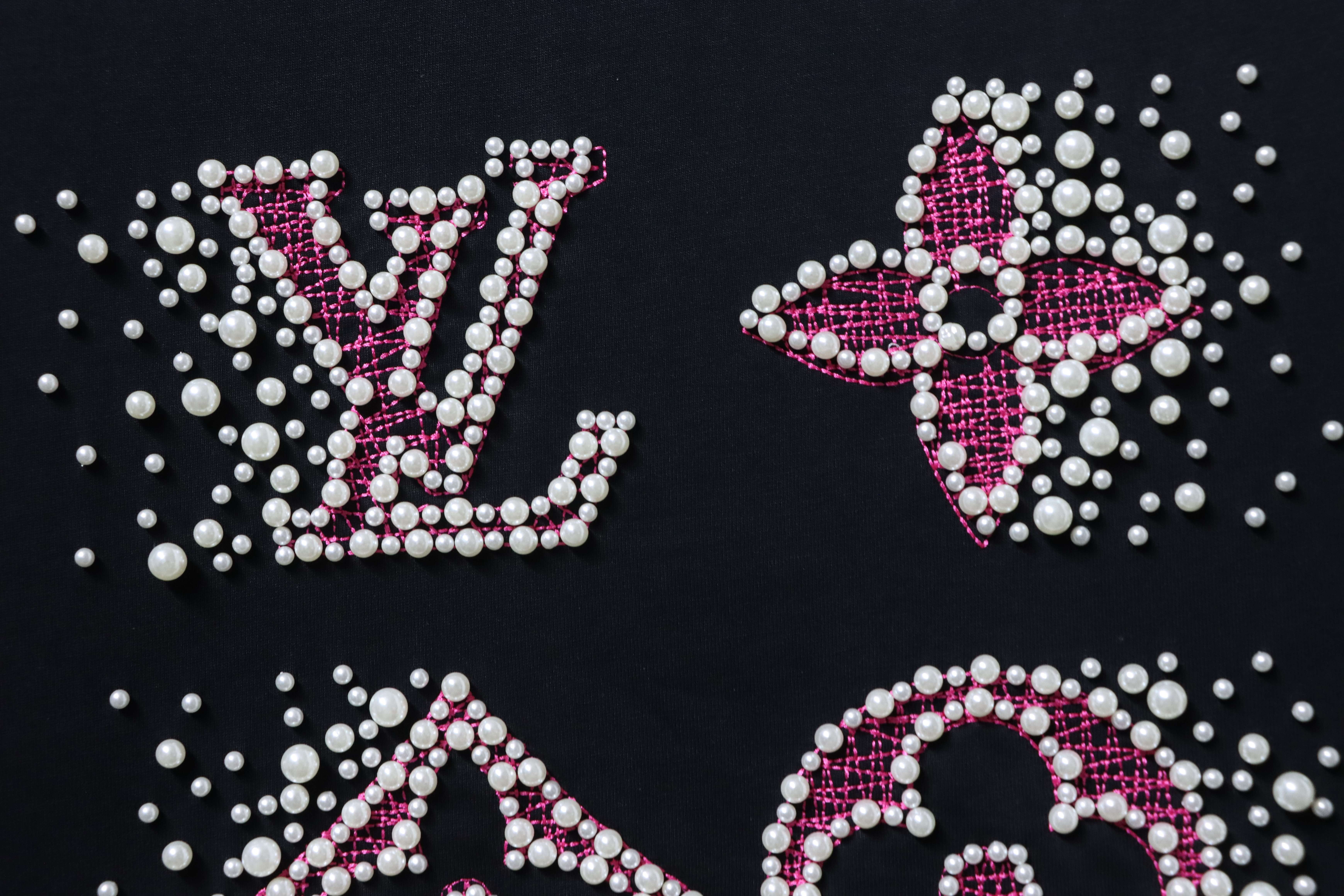 LOUIS VUITTON 26SS Embroidery Beaded Line Crew Neck Black Short Sleeve T-Shirt