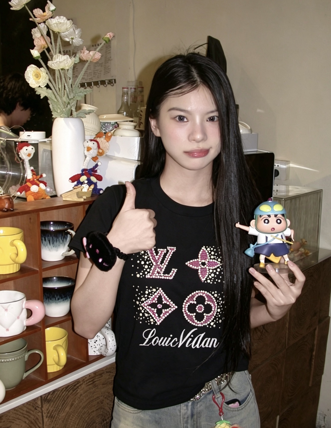 LOUIS VUITTON 26SS Embroidery Beaded Line Crew Neck Black Short Sleeve T-Shirt