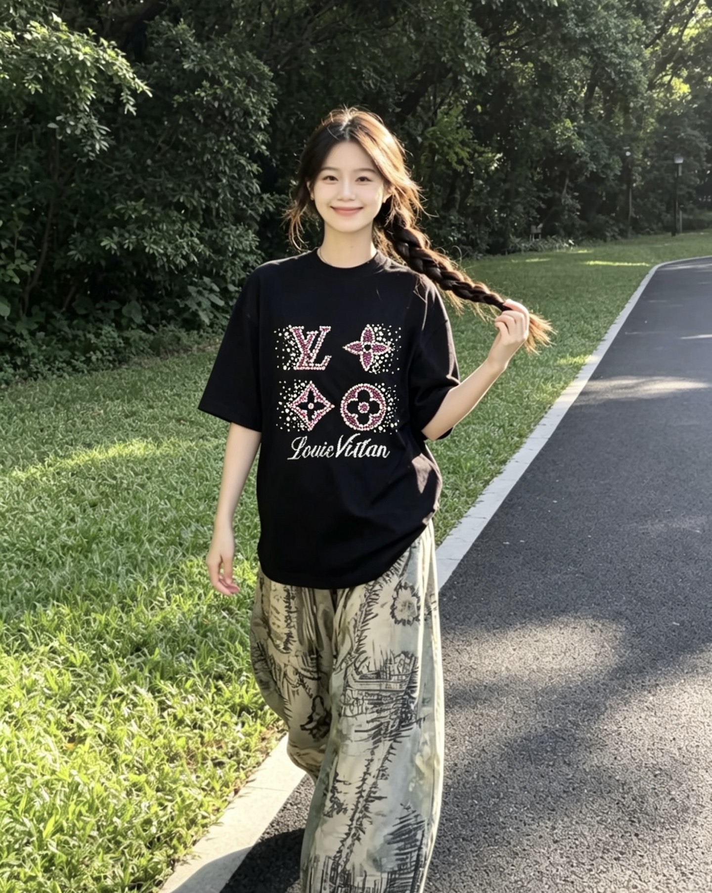 LOUIS VUITTON 26SS Embroidery Beaded Line Crew Neck Black Short Sleeve T-Shirt